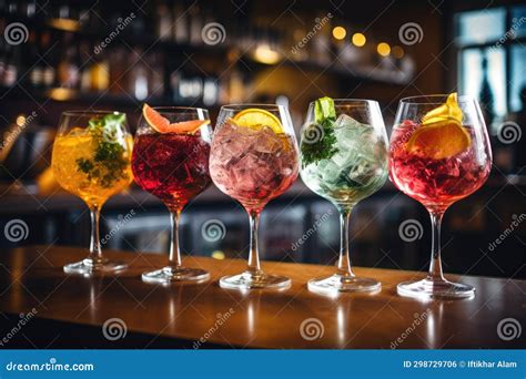 Variety Of Alcoholic Cocktails On The Bar Counter In Night Club Five