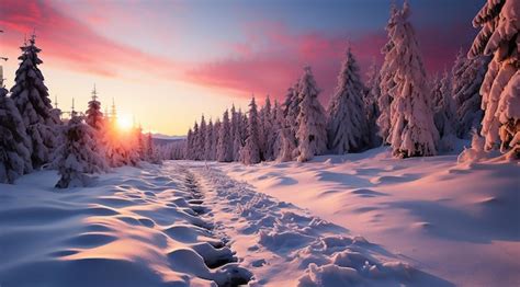 Premium AI Image | Winter landscape with the sunrise between snowy ...