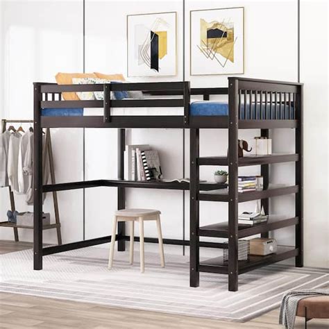 Qualler Espresso Full Size Loft Bed with Storage Shelves and Under-Bed ...