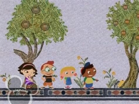 Cartoon Characters Walking Across A Bridge With Trees And Flowers On