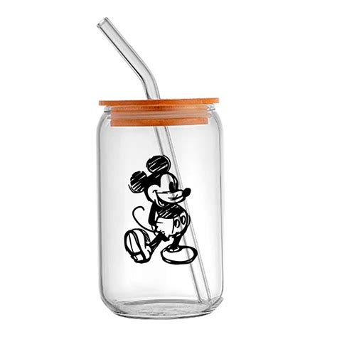 Copo Vidro Transparente C Canudo Importado Mickey Mouse Linhas Retro