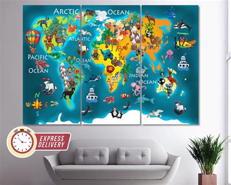 Cartoon World Map Kids World Map Canvas Print World Map Wall - Etsy