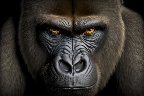 Premium Photo | Wild black grey gorilla with yellow eyes staring into ...