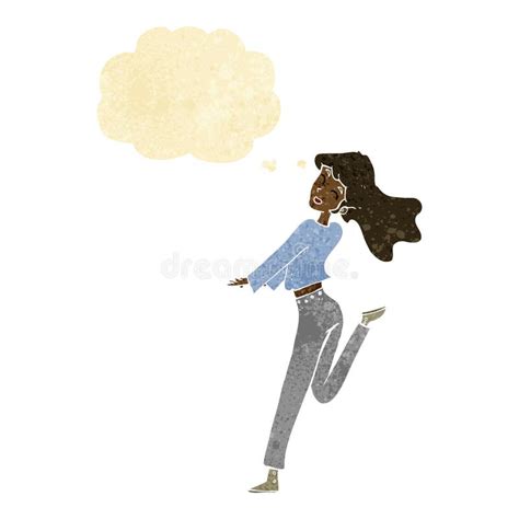 Cartoon Happy Girl Kicking Out Leg With Thought Bubble Stock