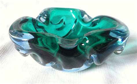 Heavy Vintage Murano Glass Ashtray Dish Bowl Layered Blue And Green Triangle Chalet Glass