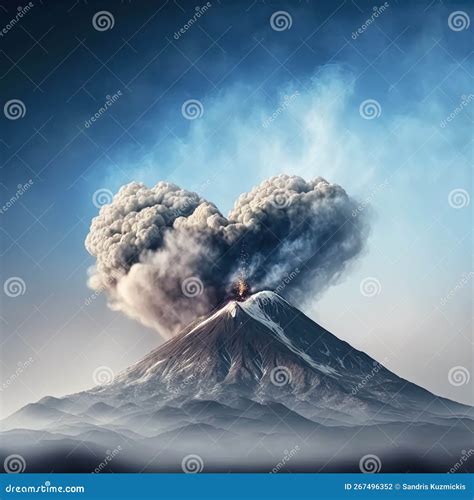 Volcano Eruption, Smoke into Sky in Shape of Heart. Generative AI Stock