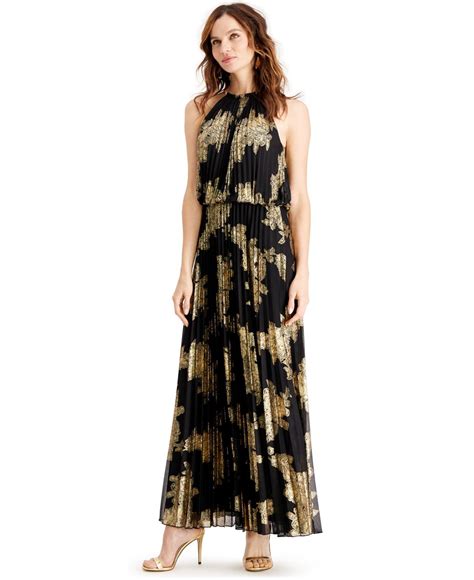 Msk Metallic Print Pleated Blouson Gown In Black Lyst