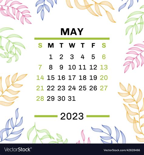 May calendar 2023 leaves leaf hand Royalty Free Vector Image