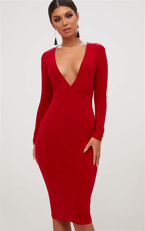 Red Long Sleeve Plunge Slinky Midi Dress | PrettyLittleThing