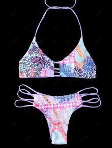 Halter Strappy Cute Print Double Side Bikini Set In PURPLE M ZAFUL