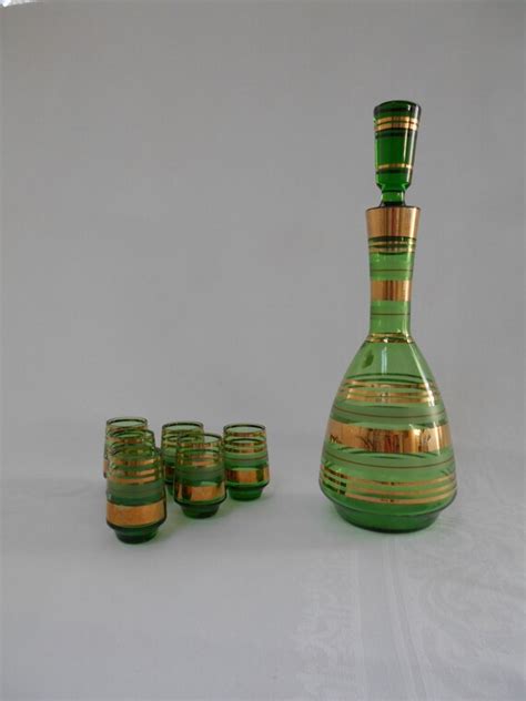 Vintage Emerald Green Decanter Set With Six Shot Glasses