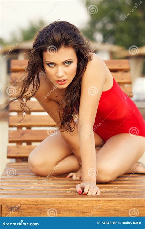 Hot Brunette In Red Swimsuit Stock Photo Image Of Freedom Beautiful 24546386