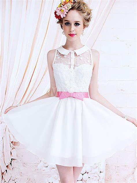 Fashion White Peter Pan Collar Chiffon Skater Dress For Woman Milanoo