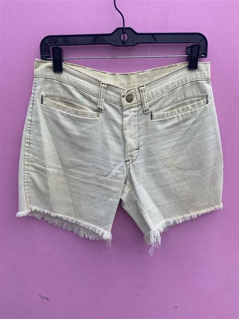 Retro 1960s 70s Cut Off Bleached Shorts W Front Slit Pockets Contrast Stitching Boardwalk Vintage