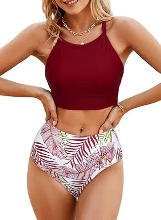Amazon Herseas Women S Bikini Sets High Neck Floral Print High Waisted Longline Two Pieces