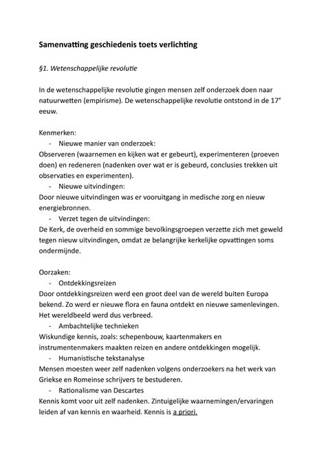 Samenvatting Geschiedenis Toets Verlichting Wetenschappelijke