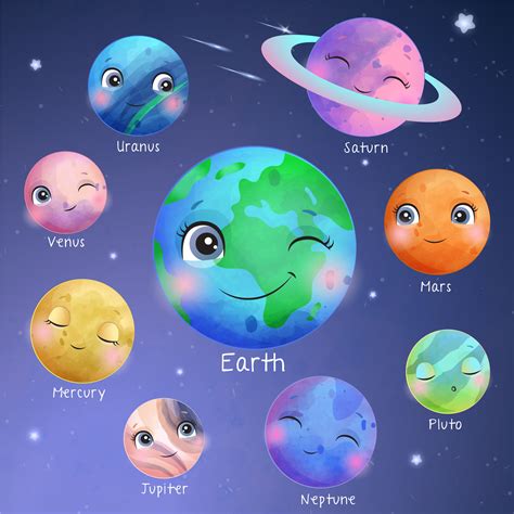 Set doodle cartoon icons planets digital clipart set