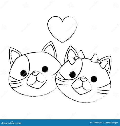 Cute Cats Mascots Head With Hearts Characters Stock Illustration