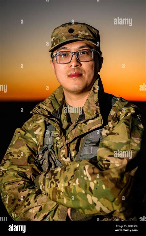 A U.S. Army Soldier, with Bravo Company, 1-114th Infantry Regiment, stands for a portrait at the ...