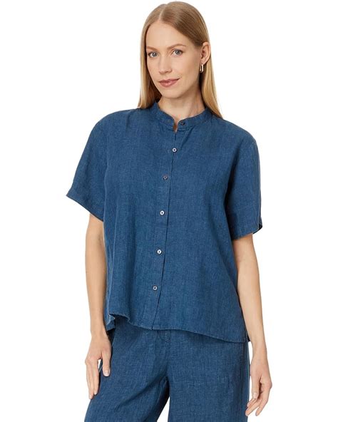 Women S Eileen Fisher Mandarin Collar Short Sleeve Shirt Zappos