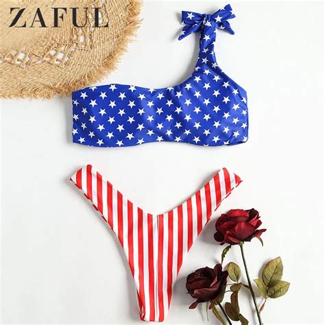 ZAFUL One Shoulder Bikini Patriotic American Flag Thong Bikini Set