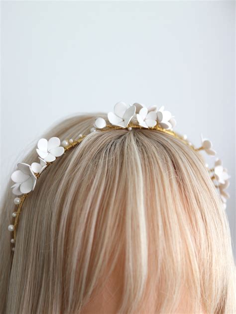 White Flower Bridal Headband Floral Wedding Headband Small Etsy