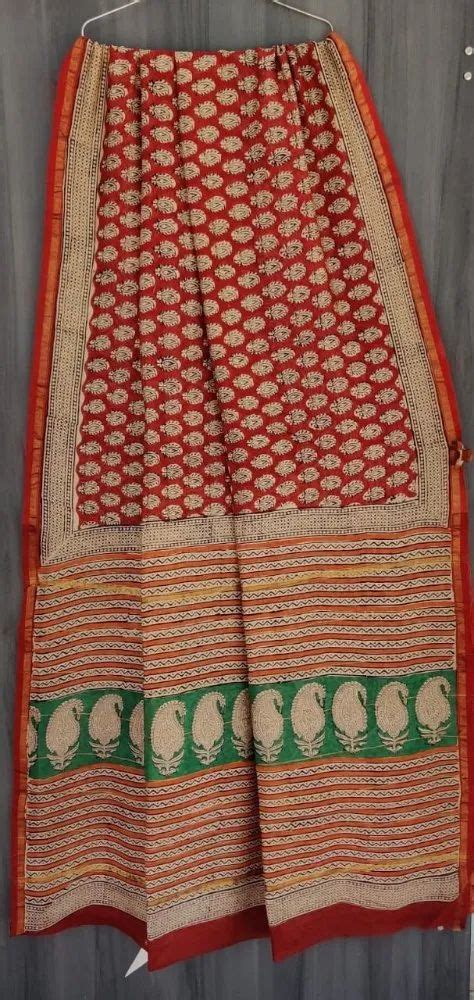 Bagru Hand Block Printed Chanderi Saree M With Blouse Piece At