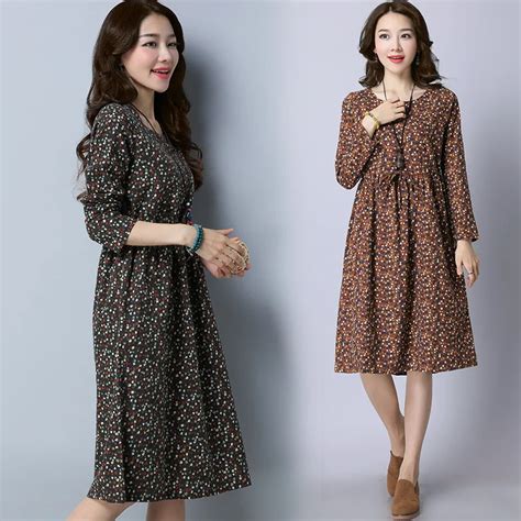 Korean Sweet Girls Cotton Linen Dress Comfortable Long Sleeves Fashion Autumn Dress Women Loose