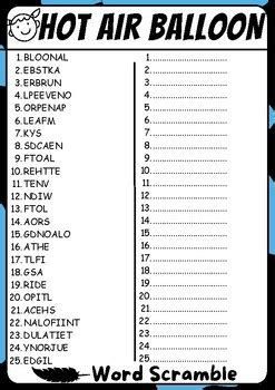 HOT AIR BALLOON Word Scramble Puzzle All About HOT AIR BALLOON Activities