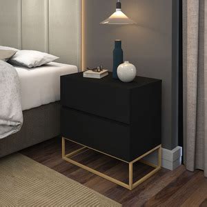 Mesa Cabeceira Eros 2 Gavetas Estilo Industrial Preto Pés Dourado