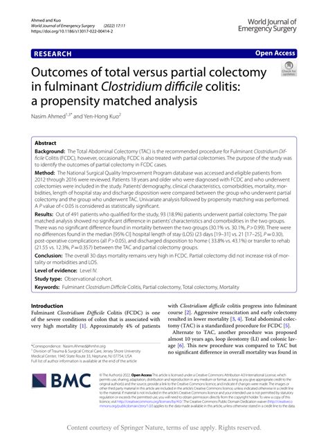 PDF Outcomes Of Total Versus Partial Colectomy In Fulminant