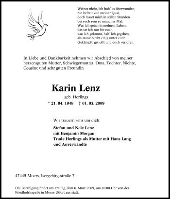 Traueranzeigen Von Karin Lenz Trauer In Nrw De