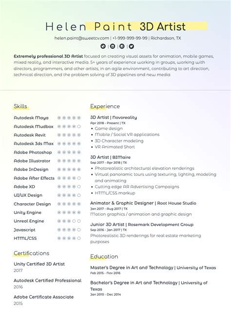 3D Artist Resume Example 3D Designer Stylish CV Template