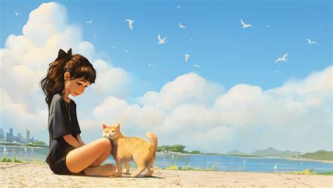 Anime Girl Cat Beach Clouds Wallpaper - 1920x1080