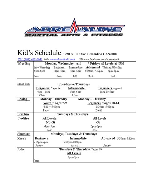 Kid's Class Schedule