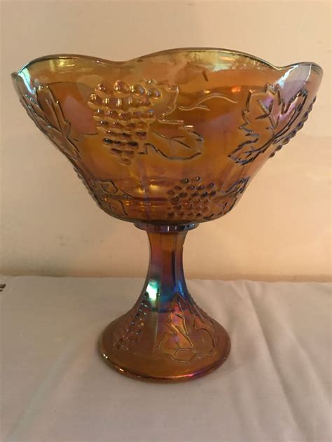 Amber Carnival Glass Pedestal Bowl With Embossed Grapes And Leaves