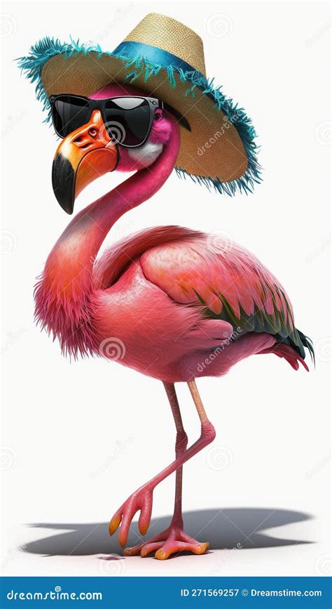 Summer Crazy Funny Pink Flamingo Wearing Sunglasses And Hat Isolated