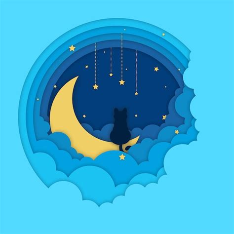 Una ilustración cortada en papel de un gato en la luna en el vector de