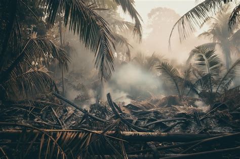 Devastating Forest Fire Aftermath In Tropical Jungle With Dense Smoke