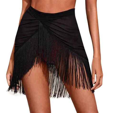 Women Ruffle Trim Sheer Beach Skirt Cover Up Skirt Beach Wrap Bikini Shiny Wraps Cover Ups