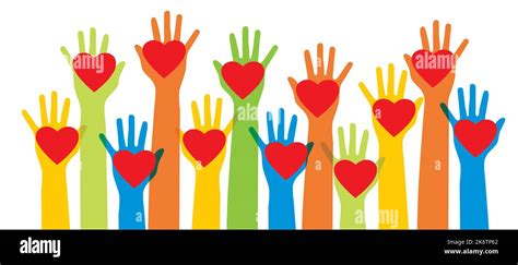 Hands of volunteers. Hands with heart in vector illustration. Charity ...