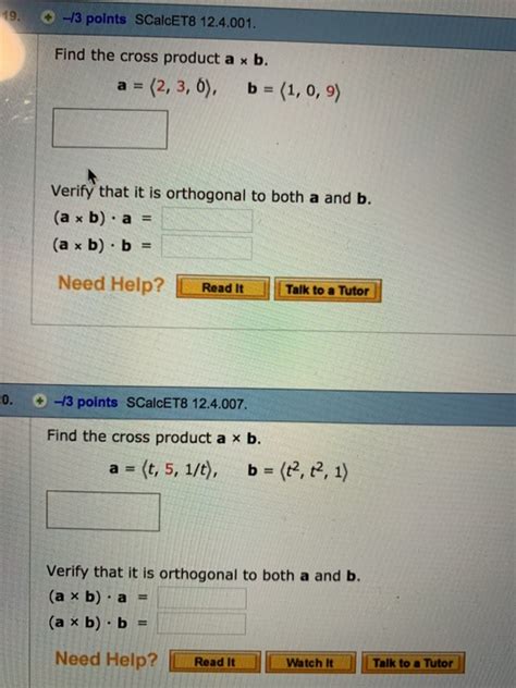 Solved 19 3 Points SCalcET8 12 4 001 Find The Cross Product Chegg