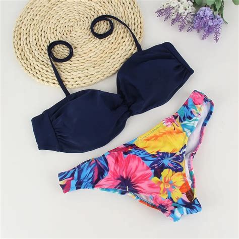 Sexy Women Bikini Set Navy Blue Flower Padded Push Up Bandage