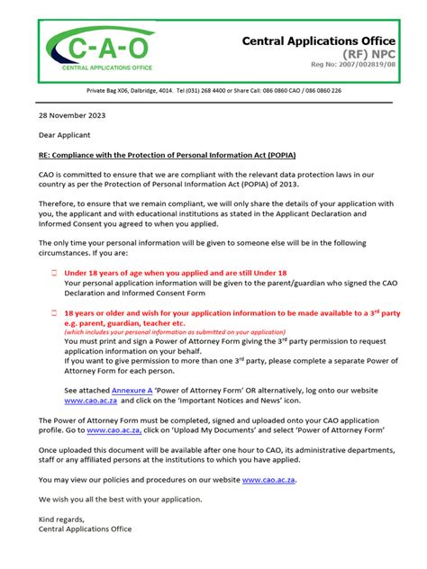 Popia Compliance Letter Pdf Power Of Attorney Informed Consent