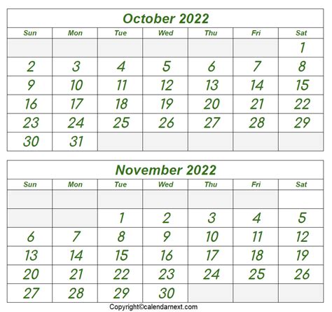 Printable Free October And November 2022 Calendar Templates