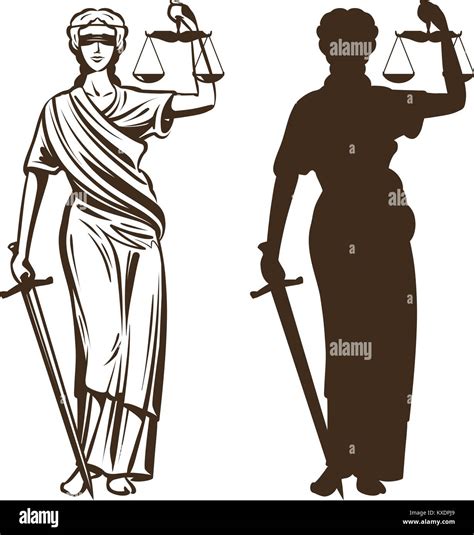 Goddess Of Justice Themis With Blindfold Scales And Sword In Hands