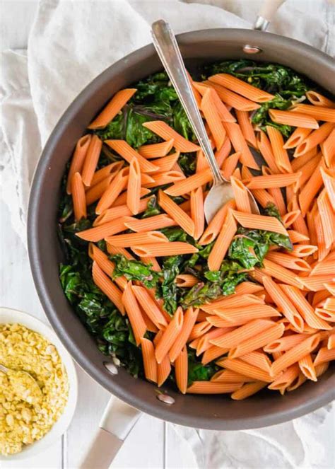 Red Lentil Pasta With Garlicky Lemon Greens And Walnuts