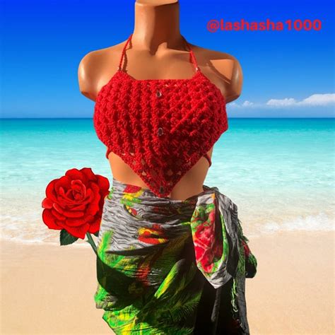 LaShaSha Red Crochet Triangle Bikini Top And Head Scarf Two Etsy