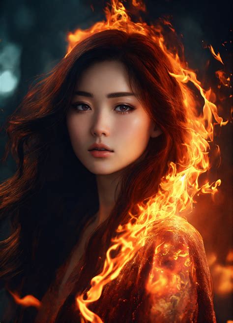 Lexica A Korean Brunette Woman Made Out Of Fire And She Has Hair Made