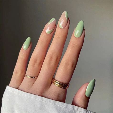 Applyw Almond False Nails With Glue Green Stripe Design Fake Nails Long